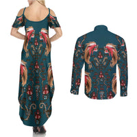 Dark Cyan Blue Bird of Batik Papua Couples Matching Summer Maxi Dress and Long Sleeve Button Shirt Exotic Natural Wealth of Papua LT9 - Polynesian Pride
