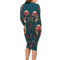 Dark Cyan Blue Bird of Batik Papua Family Matching Long Sleeve Bodycon Dress and Hawaiian Shirt Exotic Natural Wealth of Papua - Polynesian Pride