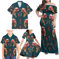 Dark Cyan Blue Bird of Batik Papua Family Matching Off Shoulder Maxi Dress and Hawaiian Shirt Exotic Natural Wealth of Papua - Polynesian Pride