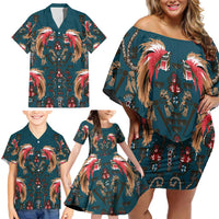 Dark Cyan Blue Bird of Batik Papua Family Matching Off Shoulder Short Dress and Hawaiian Shirt Exotic Natural Wealth of Papua - Polynesian Pride