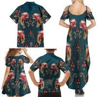 Dark Cyan Blue Bird of Batik Papua Family Matching Summer Maxi Dress and Hawaiian Shirt Exotic Natural Wealth of Papua - Polynesian Pride
