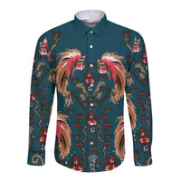 Dark Cyan Blue Bird of Batik Papua Long Sleeve Button Shirt Exotic Natural Wealth of Papua - Polynesian Pride