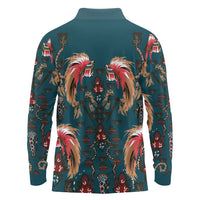 Dark Cyan Blue Bird of Batik Papua Long Sleeve Polo Shirt Exotic Natural Wealth of Papua LT9 - Polynesian Pride