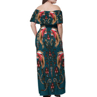 Dark Cyan Blue Bird of Batik Papua Off Shoulder Maxi Dress Exotic Natural Wealth of Papua - Polynesian Pride
