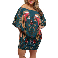 Dark Cyan Blue Bird of Batik Papua Off Shoulder Short Dress Exotic Natural Wealth of Papua - Polynesian Pride