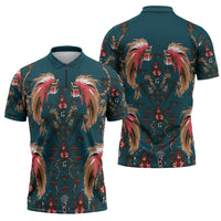 Dark Cyan Blue Bird of Batik Papua Zipper Polo Shirt Exotic Natural Wealth of Papua LT9 - Polynesian Pride