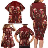 Oxblood Bird of Batik Papua Family Matching Long Sleeve Bodycon Dress and Hawaiian Shirt Exotic Natural Wealth of Papua - Polynesian Pride