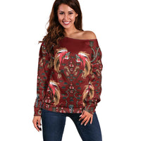 Oxblood Bird of Batik Papua Off Shoulder Sweater Exotic Natural Wealth of Papua - Polynesian Pride