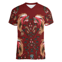 Oxblood Bird of Batik Papua Women V-Neck T-Shirt Exotic Natural Wealth of Papua LT9 Female Red - Polynesian Pride