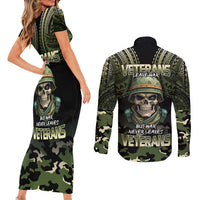 Veterans Day Couples Matching Short Sleeve Bodycon Dress and Long Sleeve Button Shirt War Never Leaves A Veteran Proud Military