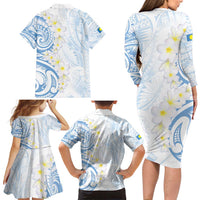 Palau 1981 Tribal Tattoo Family Matching Long Sleeve Bodycon Dress and Hawaiian Shirt with Belau Plumeria Flowers