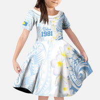 Palau 1981 Tribal Tattoo Kid Short Sleeve Dress with Belau Plumeria Flowers