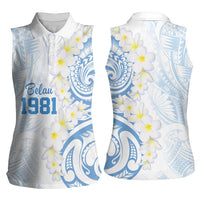 Palau 1981 Tribal Tattoo Women Sleeveless Polo Shirt with Belau Plumeria Flowers