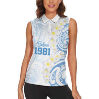 Palau 1981 Tribal Tattoo Women Sleeveless Polo Shirt with Belau Plumeria Flowers