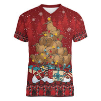 Funny Kiwi Bird Xmas Tree Women V-Neck T-Shirt New Zealand Tribal Christmas Spirit LT9 Female Red - Polynesian Pride