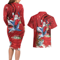 Funny Santa Riding Shark Couples Matching Long Sleeve Bodycon Dress and Hawaiian Shirt Polynesian Tribal Christmas Spirit LT9 - Polynesian Pride
