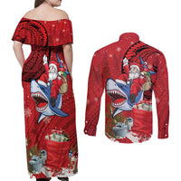 Funny Santa Riding Shark Couples Matching Off Shoulder Maxi Dress and Long Sleeve Button Shirt Polynesian Tribal Christmas Spirit LT9 - Polynesian Pride