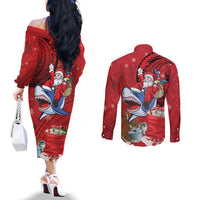 Funny Santa Riding Shark Couples Matching Off The Shoulder Long Sleeve Dress and Long Sleeve Button Shirt Polynesian Tribal Christmas Spirit - Polynesian Pride