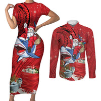 Funny Santa Riding Shark Couples Matching Short Sleeve Bodycon Dress and Long Sleeve Button Shirt Polynesian Tribal Christmas Spirit - Polynesian Pride