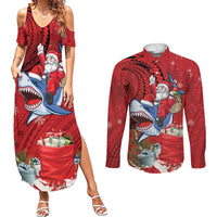 Funny Santa Riding Shark Couples Matching Summer Maxi Dress and Long Sleeve Button Shirt Polynesian Tribal Christmas Spirit LT9 Red - Polynesian Pride