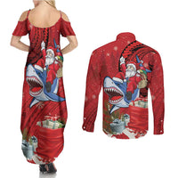 Funny Santa Riding Shark Couples Matching Summer Maxi Dress and Long Sleeve Button Shirt Polynesian Tribal Christmas Spirit LT9 - Polynesian Pride