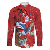 Funny Santa Riding Shark Family Matching Long Sleeve Bodycon Dress and Hawaiian Shirt Polynesian Tribal Christmas Spirit LT9 Dad's Shirt - Long Sleeve Red - Polynesian Pride