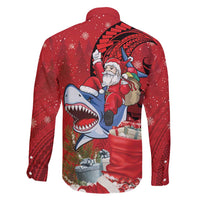Funny Santa Riding Shark Family Matching Long Sleeve Bodycon Dress and Hawaiian Shirt Polynesian Tribal Christmas Spirit - Polynesian Pride