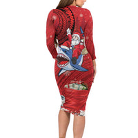 Funny Santa Riding Shark Family Matching Long Sleeve Bodycon Dress and Hawaiian Shirt Polynesian Tribal Christmas Spirit LT9 - Polynesian Pride