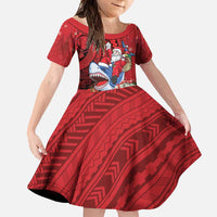 Funny Santa Riding Shark Family Matching Off Shoulder Maxi Dress and Hawaiian Shirt Polynesian Tribal Christmas Spirit LT9 Daughter's Dress Red - Polynesian Pride