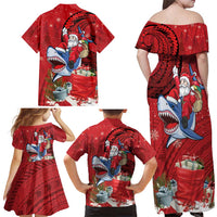 Funny Santa Riding Shark Family Matching Off Shoulder Maxi Dress and Hawaiian Shirt Polynesian Tribal Christmas Spirit LT9 - Polynesian Pride