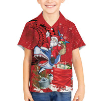 Funny Santa Riding Shark Family Matching Off Shoulder Maxi Dress and Hawaiian Shirt Polynesian Tribal Christmas Spirit LT9 Son's Shirt Red - Polynesian Pride