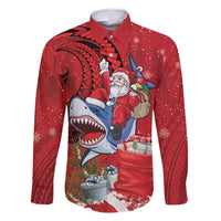Funny Santa Riding Shark Family Matching Summer Maxi Dress and Hawaiian Shirt Polynesian Tribal Christmas Spirit LT9 Dad's Shirt - Long Sleeve Red - Polynesian Pride
