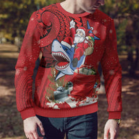 Funny Santa Riding Shark Ugly Christmas Sweater Polynesian Tribal Christmas Spirit - Polynesian Pride