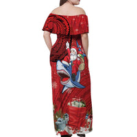 Funny Santa Riding Shark Off Shoulder Maxi Dress Polynesian Tribal Christmas Spirit LT9 - Polynesian Pride