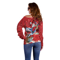 Funny Santa Riding Shark Off Shoulder Sweater Polynesian Tribal Christmas Spirit - Polynesian Pride