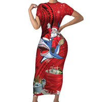 Funny Santa Riding Shark Short Sleeve Bodycon Dress Polynesian Tribal Christmas Spirit LT9 Long Dress Red - Polynesian Pride