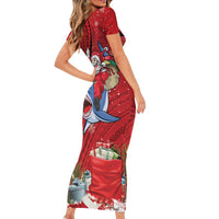Funny Santa Riding Shark Short Sleeve Bodycon Dress Polynesian Tribal Christmas Spirit LT9 - Polynesian Pride