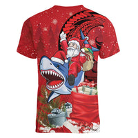 Funny Santa Riding Shark Women V-Neck T-Shirt Polynesian Tribal Christmas Spirit - Polynesian Pride