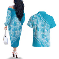 Hawaii Breadfruit Palaka Couples Matching Off The Shoulder Long Sleeve Dress and Hawaiian Shirt Polu Maile Lei - Polynesian Pride