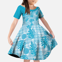 Hawaii Breadfruit Palaka Family Matching Off Shoulder Short Dress and Hawaiian Shirt Polu Maile Lei LT9 Daughter's Dress Blue - Polynesian Pride