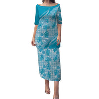 Hawaii Breadfruit Palaka Family Matching Puletasi and Hawaiian Shirt Polu Maile Lei LT9 Mom's Dress Blue - Polynesian Pride