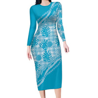 Hawaii Breadfruit Palaka Long Sleeve Bodycon Dress Polu Maile Lei LT9 Long Dress Blue - Polynesian Pride