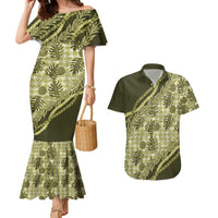 Hawaii Breadfruit Palaka Couples Matching Mermaid Dress and Hawaiian Shirt Omaomao Maile Lei LT9 Green - Polynesian Pride