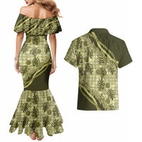 Hawaii Breadfruit Palaka Couples Matching Mermaid Dress and Hawaiian Shirt Omaomao Maile Lei LT9 - Polynesian Pride