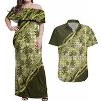 Hawaii Breadfruit Palaka Couples Matching Off Shoulder Maxi Dress and Hawaiian Shirt Omaomao Maile Lei - Polynesian Pride
