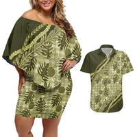 Hawaii Breadfruit Palaka Couples Matching Off Shoulder Short Dress and Hawaiian Shirt Omaomao Maile Lei - Polynesian Pride