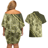 Hawaii Breadfruit Palaka Couples Matching Off Shoulder Short Dress and Hawaiian Shirt Omaomao Maile Lei - Polynesian Pride