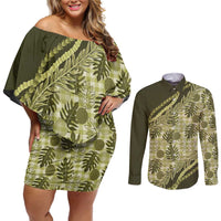 Hawaii Breadfruit Palaka Couples Matching Off Shoulder Short Dress and Long Sleeve Button Shirt Omaomao Maile Lei - Polynesian Pride