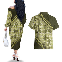 Hawaii Breadfruit Palaka Couples Matching Off The Shoulder Long Sleeve Dress and Hawaiian Shirt Omaomao Maile Lei LT9 - Polynesian Pride