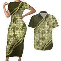 Hawaii Breadfruit Palaka Couples Matching Short Sleeve Bodycon Dress and Hawaiian Shirt Omaomao Maile Lei LT9 Green - Polynesian Pride